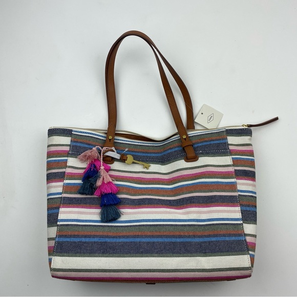 Fossil Bags New Fossil Rainbow Rachel Tote Beach Canvas Tassel Bag